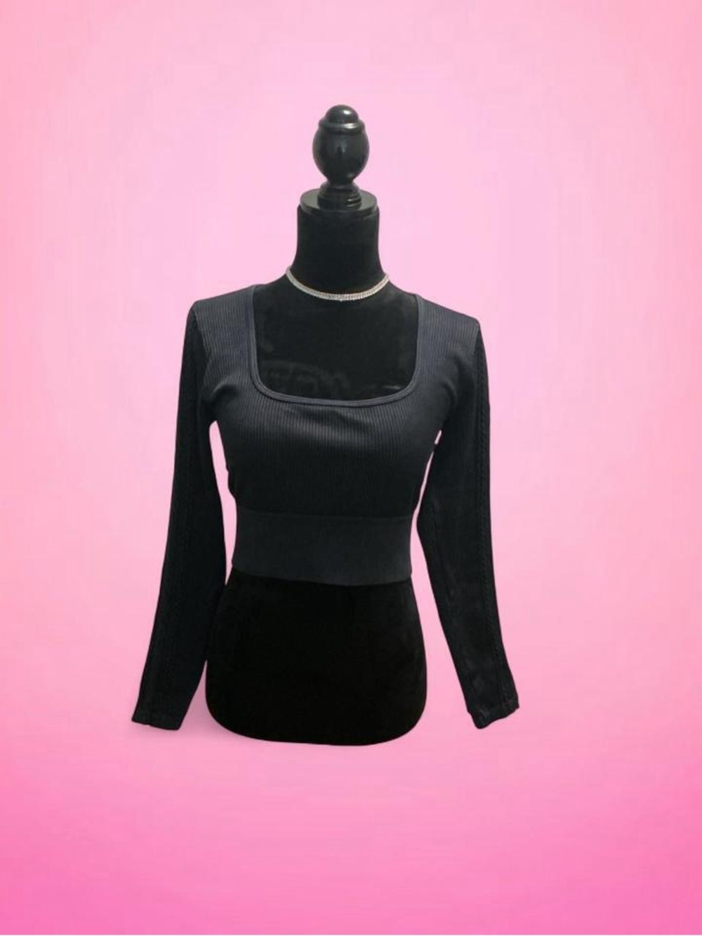 Aerie Offline Black Ribbed Square-Neck Cropped Long Sleeve Top